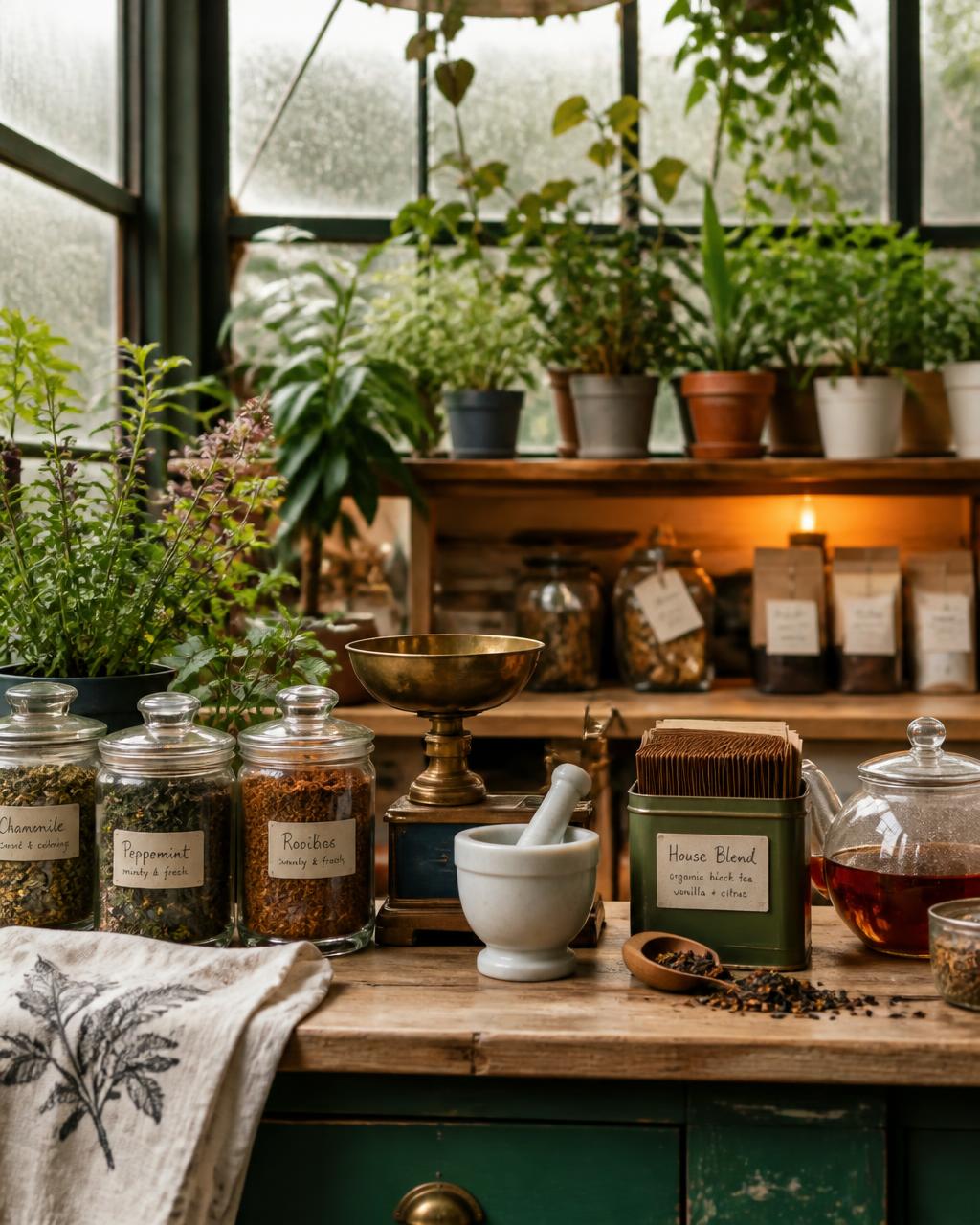 A warm teahouse counter with glass jars of loose leaf tea, a kettle and trailing green plants