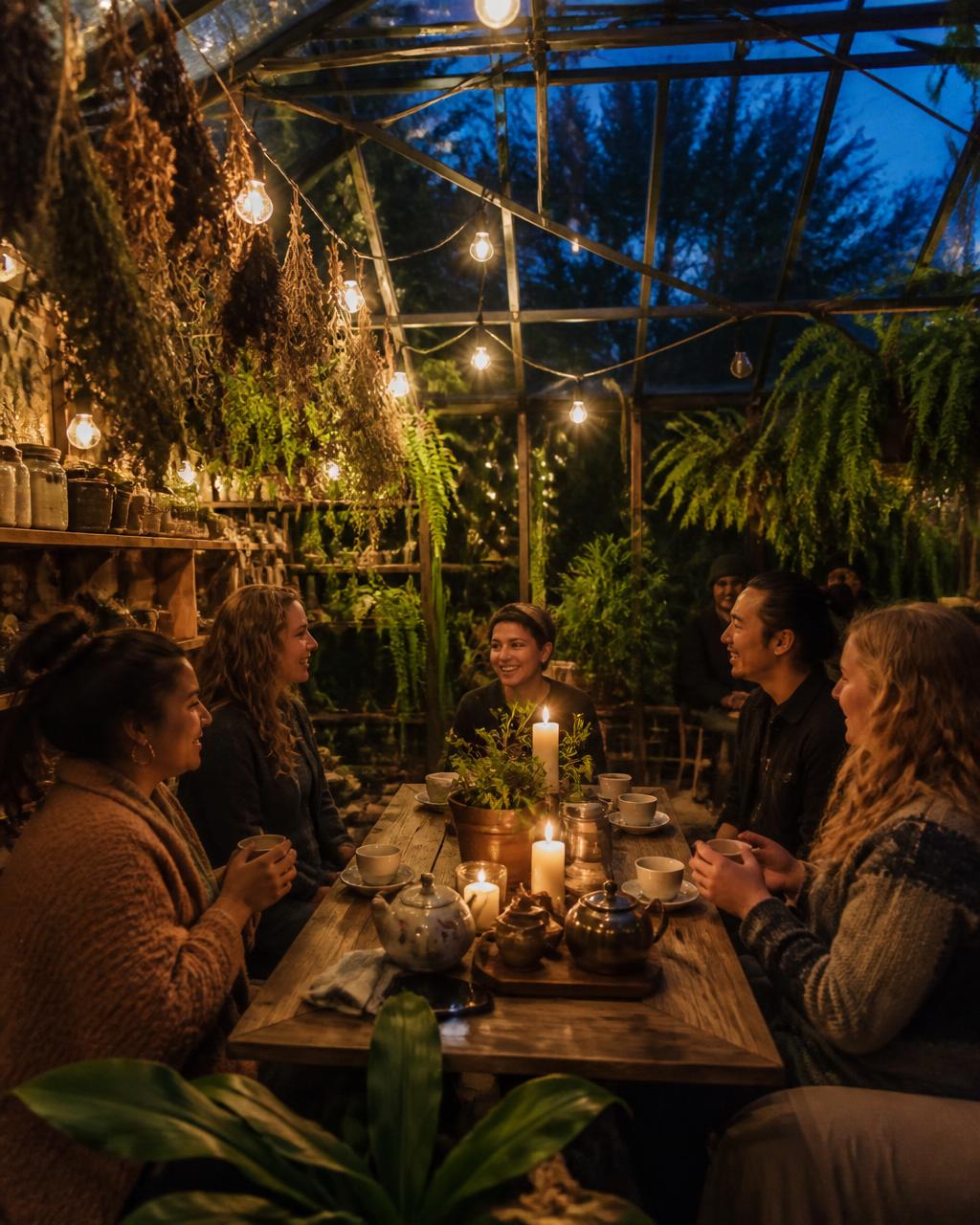 A long shared table in a plant filled tearoom with pots, cups and people sitting together