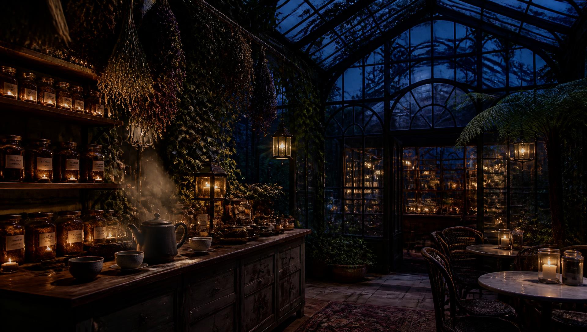 A sunlit greenhouse cafe with glass walls, hanging plants and shelves of tea jars